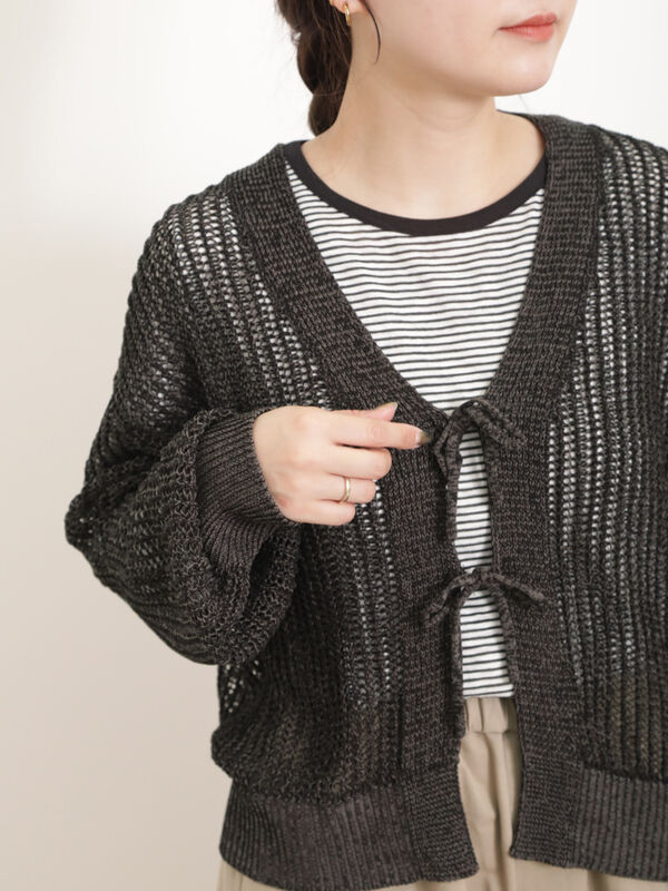 マシンウォッシャブル】メッシュ編みリボンカーディガン（トップス