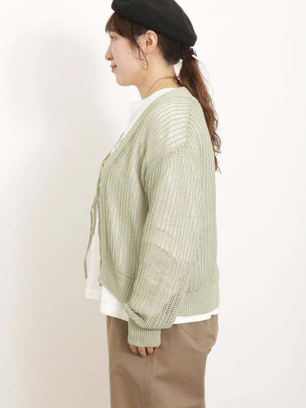 マシンウォッシャブル】メッシュ編みリボンカーディガン（トップス