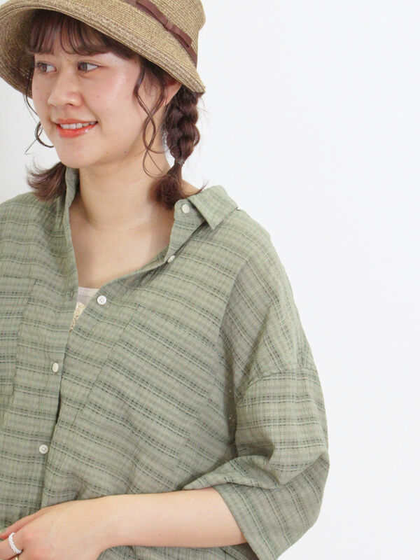 シアーチェックドロストシャツ（トップス/シャツ・ブラウス）【セール