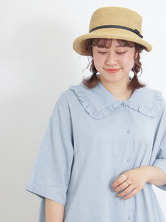 新品 SamansaMos2 立川限定 リネンブザム切替ワンピース　ブルー 立川限定】リネン袖フリルウエスト切替ワンピース（グリーン