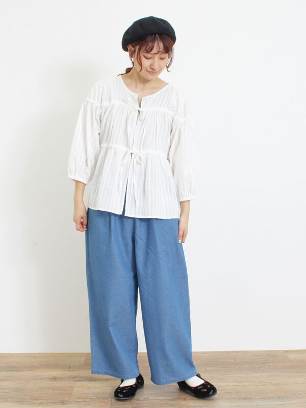 リバティボウカラーのフレアブラウス11(LL) ◎リボンフレアブラウス（トップス/シャツ・ブラウス）【セール