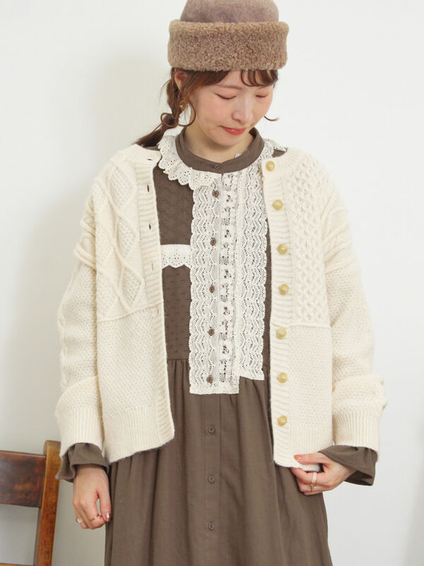 パッチワークケーブル前後2WAYニット（トップス/カーディガン