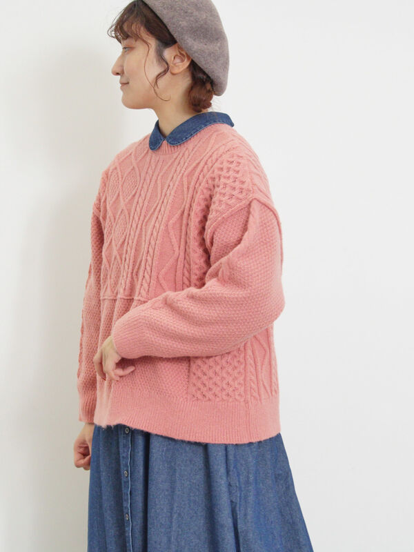 ももサマ☆ Pois knit best ピンク パッチワークケーブル前後2WAYニット（トップス/カーディガン