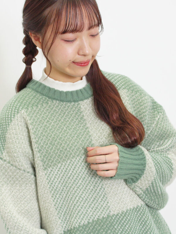 マシンウォッシャブル】ブロックチェック柄ニットプルオーバー