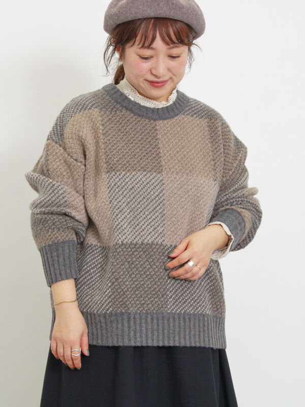 マシンウォッシャブル】ブロックチェック柄ニットプルオーバー