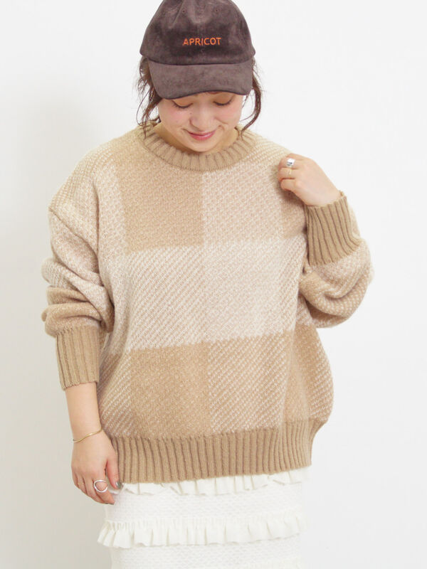 マシンウォッシャブル】ブロックチェック柄ニットプルオーバー