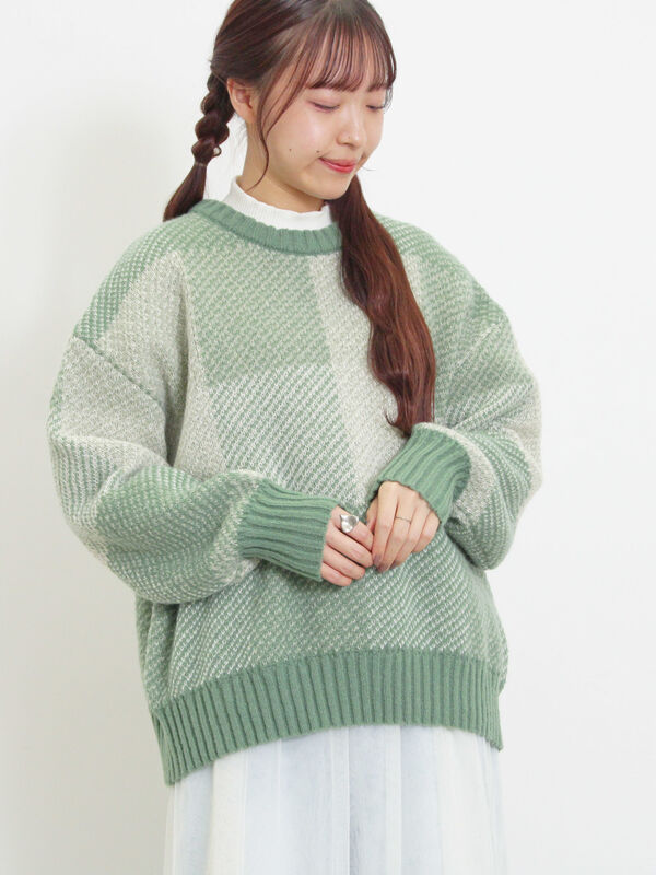 マシンウォッシャブル】ブロックチェック柄ニットプルオーバー