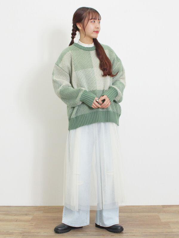 マシンウォッシャブル】ブロックチェック柄ニットプルオーバー