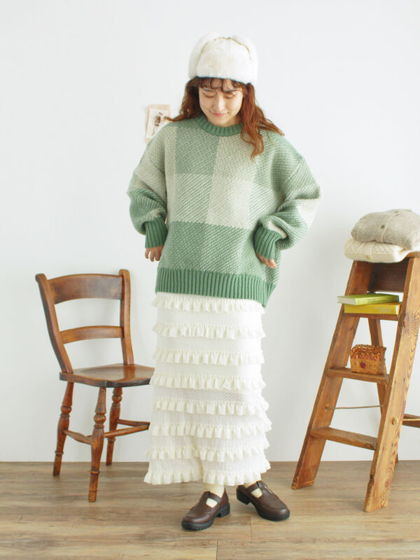 マシンウォッシャブル】ブロックチェック柄ニットプルオーバー