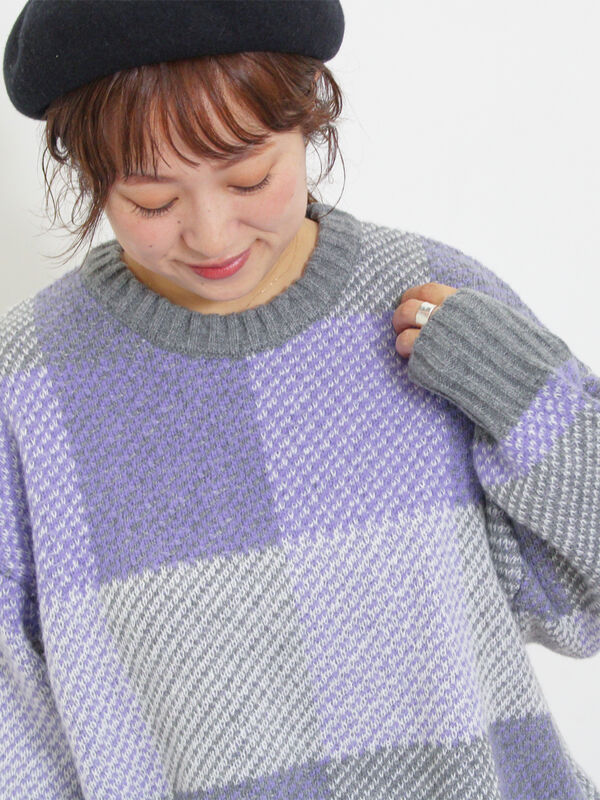 マシンウォッシャブル】ブロックチェック柄ニットプルオーバー