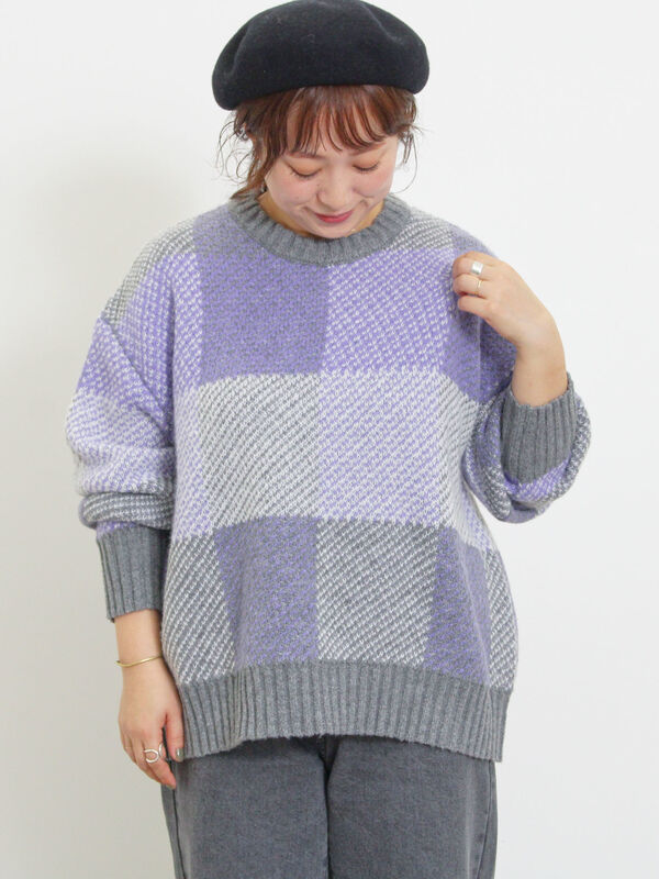 マシンウォッシャブル】ブロックチェック柄ニットプルオーバー