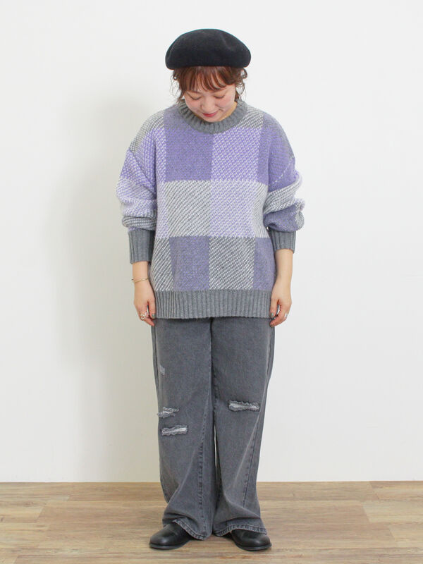 マシンウォッシャブル】ブロックチェック柄ニットプルオーバー