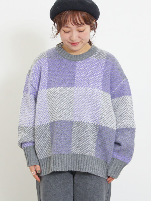 マシンウォッシャブル】ブロックチェック柄ニットプルオーバー