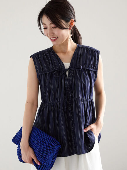 ストライプノースリーブギャザーブラウス（ホワイト/ネイビー）｜Te chichi（テチチ）通販