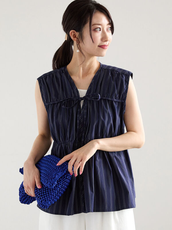 ストライプノースリーブギャザーブラウス（トップス/シャツ・ブラウス