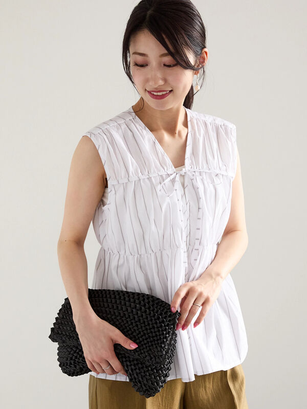ストライプノースリーブギャザーブラウス（トップス/シャツ・ブラウス