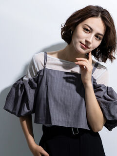 サラランチ SARA LANZI *リネン総柄シャツ*半袖ブラウス麻ネイビー胸ポケットバンドカラー薄手サラランツィ(4-2408-224)【92I42】 SARA LANZI サラランチ *リネン総柄シャツ*半袖ブラウス麻