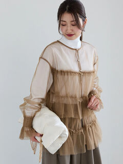 Drawer コットンギャザーフリル 比翼ブラウス モスグリーン 定価8万