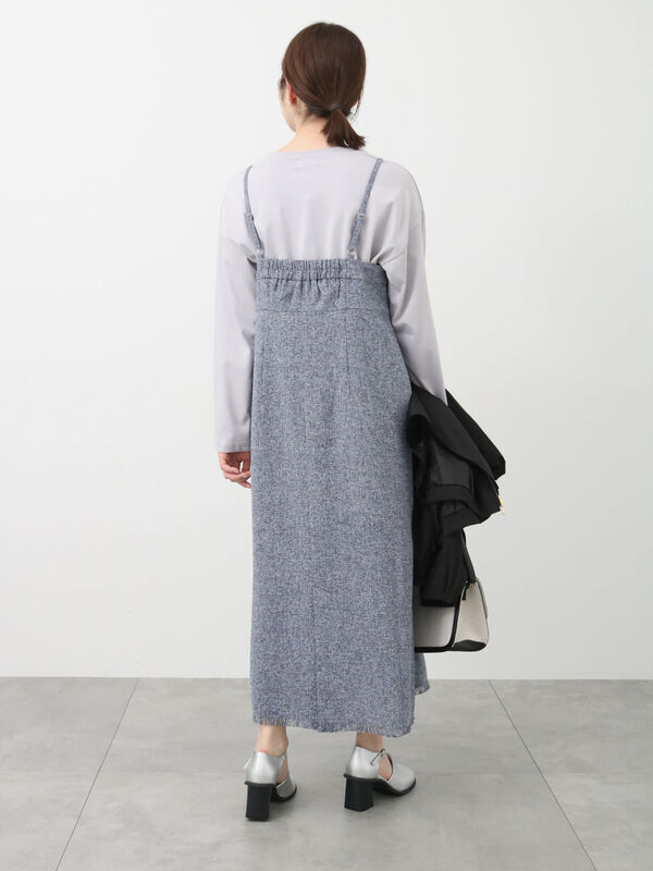 【美品】45R〈日本製〉千鳥柄インディゴコットンツイードのフリンジポンチョ紺白灰 ツイードタックキャミワンピース（ワンピース/ワンピース）【セール