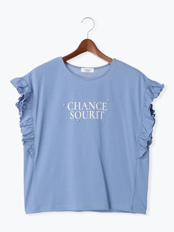 抗菌防臭】フリル袖パールロゴプリントTシャツ（トップス/Tシャツ
