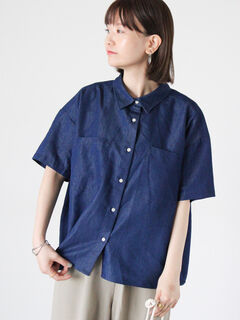 美品　メゾンドソイル　サイズ2 ネイビー ギャザー入りフレア半袖トップス シャツ・ブラウス(ブルー/青系)のセール・アウトレット