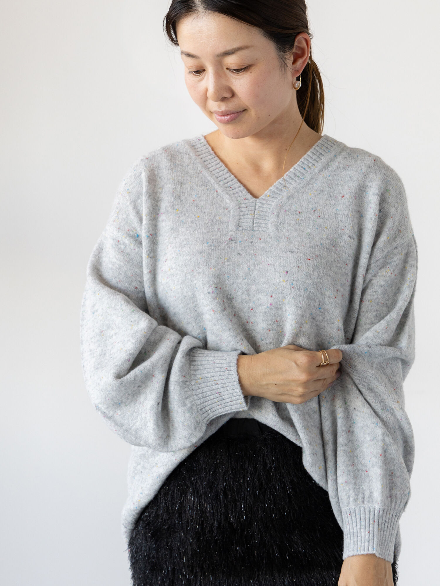 カラーネップVネックニット（トップス/ニット・セーター）【セール