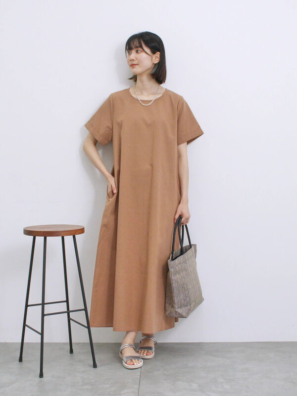 あおもも イージーケア】リネン混マキシフレアワンピース（ワンピース