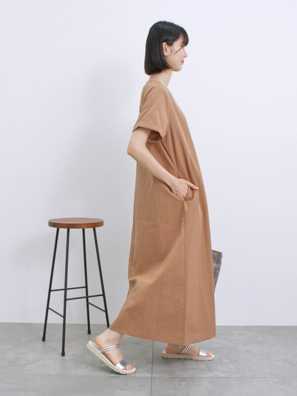 イージーケア】リネン混マキシフレアワンピース（ワンピース