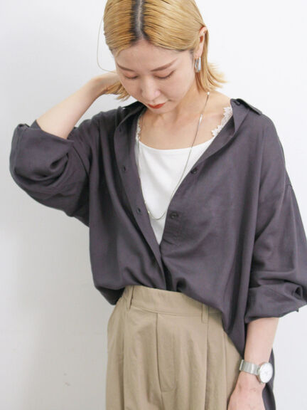 【接触冷感】麻レーヨンシャツ（チャコールグレー/イエロー/カーキ/ブルー/ネイビー/キナリ）｜Samansa Mos2 blue（サマンサモスモス ブルー）通販